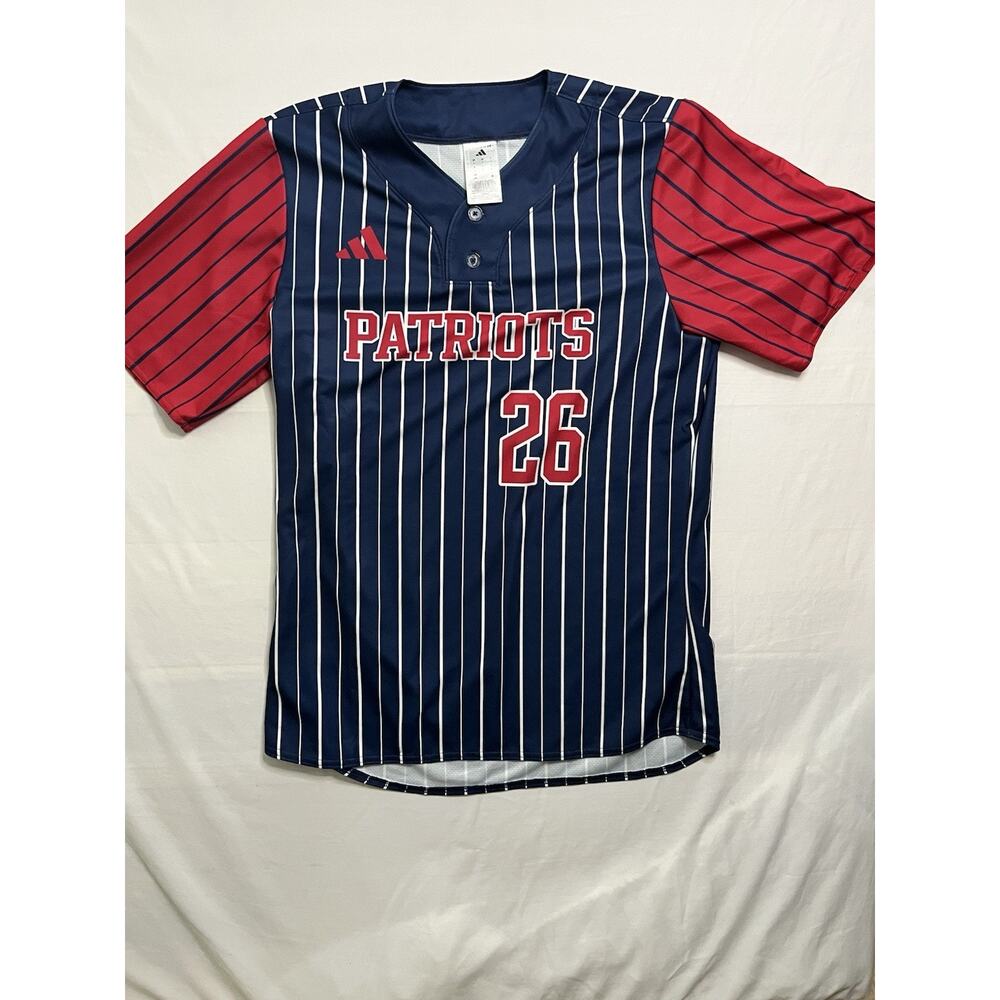 Adidas Patriots 26 Pinstripe Baseball Softball Jersey Mens L Blue Red Y2K
